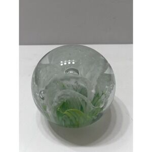 Vintage Wheaton Village Art Glass Paperweight Floral White Green 2.75" Bubbles